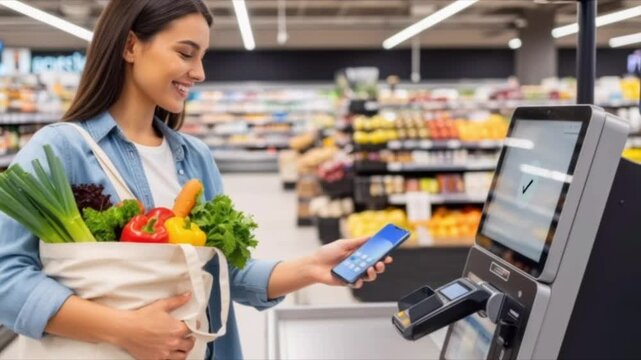 Young woman tapping smartphone for contactless payment at supermarket self checkout while holding reusable grocery bag and smiling for business concept.