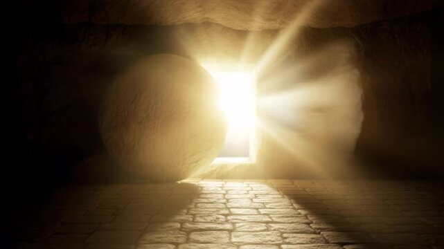 Empty cave tomb with bright light shining from open entrance. Ressurection day concept for Christianity Easter holiday. Religion, hope, life footage