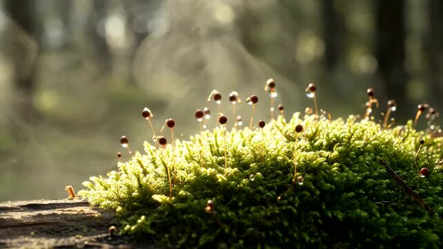 Moss with small fungi growing in a forest.