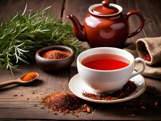 Rooibos tea in rustic ceramic cup, on a wooden table.