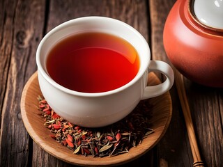 Rooibos tea in rustic ceramic cup, on a wooden table.