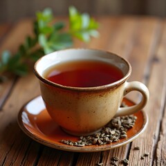 Rooibos tea in rustic ceramic cup, on a wooden table.