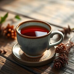 Rooibos tea in rustic ceramic cup, on a wooden table.
