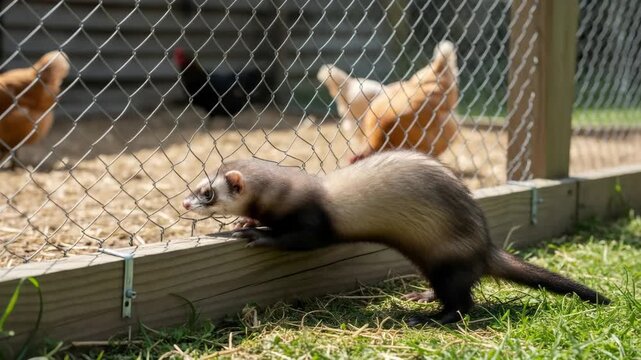 Ferret looking at chickens and roosters in a coop. Pest animal prevention from attacking livestock on a farm.