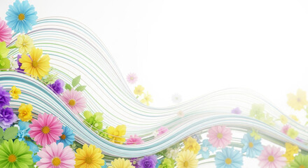 Colorful floral wave pattern with pastel flowers and white background  