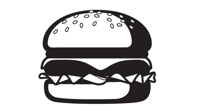 Illustration of a classic hamburger with buns, patty, and toppings in bold black and white.