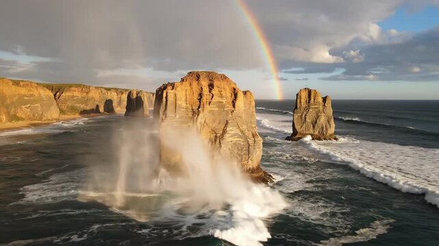Spectacular view of the Twelve Apostles rocks with a rainbow at sunrise in Victoria