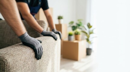 Gloved hands holding a textured sofa Stacked cardboard moving boxes and potted plants are in the bright background