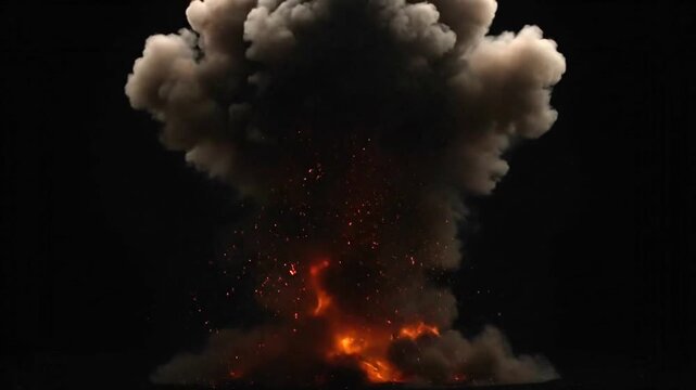 Explosive blast with fire and smoke against dark background.