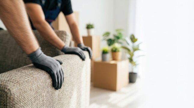 Gloved hands holding a textured sofa Stacked cardboard moving boxes and potted plants are in the bright background