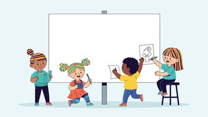 Diverse group of happy children drawing and reading around a large blank whiteboard, symbolizing creative learning and collaboration and educational fun.
