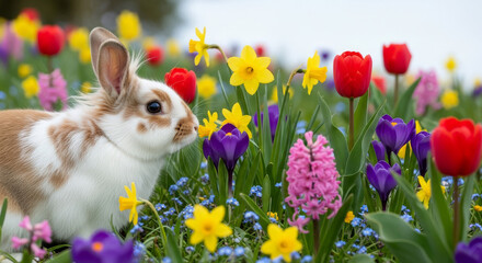 Rabbit exploring vibrant spring meadow filled with colorful flowers  