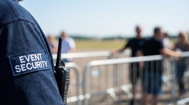 Event security blue uniform sleeve with 'EVENT SECURITY' patch and walkie talkie Blurred crowd behind metal barriers