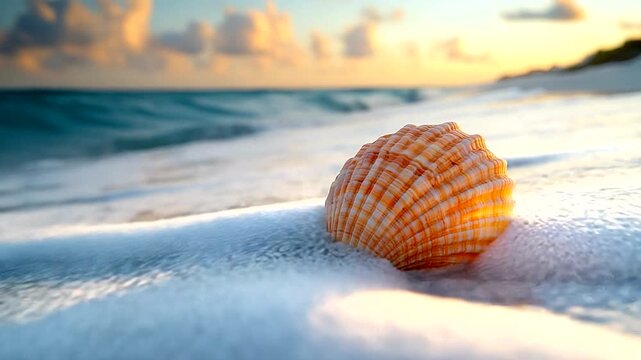 Beautiful seashell on sandy beach with waves at sunset