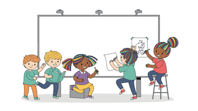 Group of diverse smiling children engaged in creative activities, drawing and writing on paper and a large whiteboard, fostering collaboration and learning.