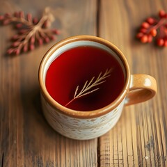 Rooibos tea in rustic ceramic cup, on a wooden table.