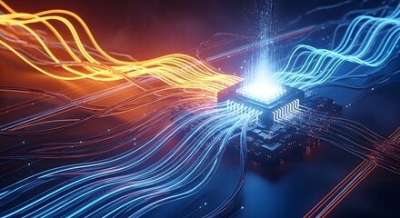 Futuristic Microchip Processor With Glowing Blue And Orange Data Fiber Optics 3D Render