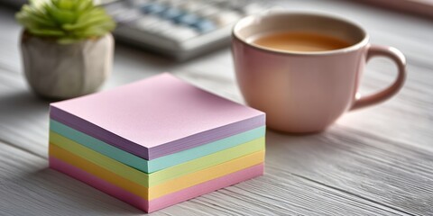 Fototapeta premium mockup of a blank light pink card resting on a stack of colorful Post-it notes (blank) 