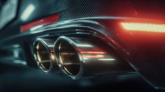 Dual shiny chrome exhaust pipes on a sleek high-performance sports car with carbon fiber accents and vibrant red tail lights glowing at night