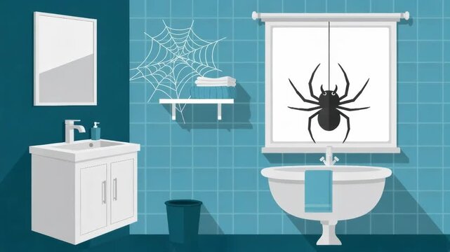 Spider on a web in a tile bathroom with mirror and sink, representing pest problems and extermination service concept.