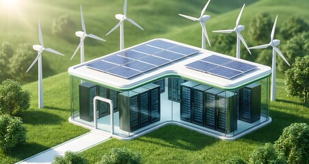 Sustainable Data Center Powered By Solar Panels And Wind Turbines