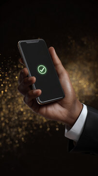 Hand h&auml;lt Smartphone mit Best&auml;tigungs-Icon &ndash; Konzept f&uuml;r digitale Verifizierung, Sicherheit, Login, Zahlung oder erfolgreiche Aktion.