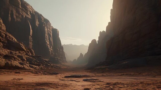 Arid desert environment features towering sandstone walls defining a vast. Rugged canyon. With warm light illuminating the dramatic geological formations and expansive. Empty terrain under a clear sky