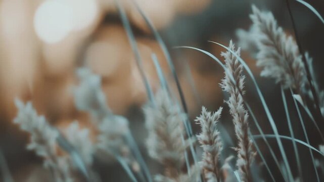 Wild pampas grass plumes swaying gently in a field, capturing the soft light of a golden hour sunset, creating a tranquil and ethereal natural background scene