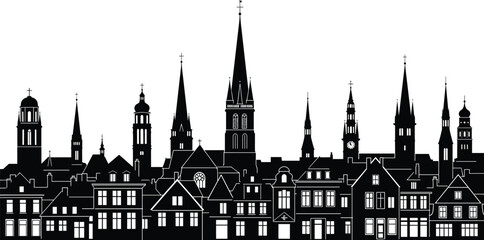 Fototapeta premium Black vector silhouette of a traditional European city skyline with historic church spires cathedrals and old town buildings for travel tourism and urban heritage branding