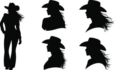Cowgirl, Western, Silhouette, Woman, Hat, Profile, Portrait, Ranch, Country, Fashion, Female, Outline, Icon, Graphic, Vector, Minimal, Style, Character, Design, Lady © Itz Raju