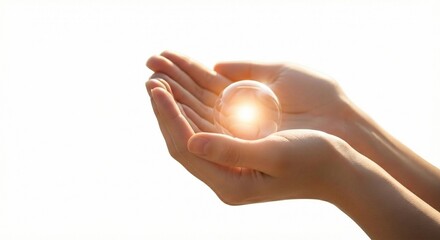 Hands holding glowing orb with bright light in soft focus background  
