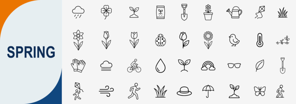 Spring season and nature icon set, thin line symbols for gardening flowers weather growth and outdoor activities vector illustration