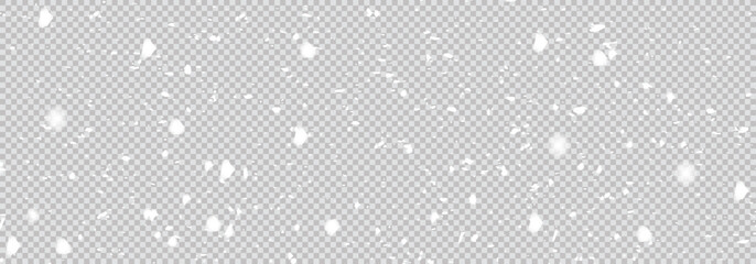 Obraz premium Realistic snowfall overlay on transparent background. White winter snowflakes and frosty dust texture for festive and seasonal design.