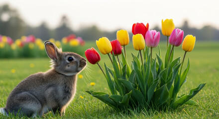 Grey bunny smelling colorful tulips in spring meadow  