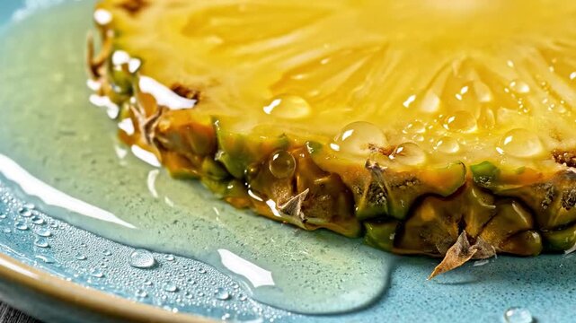 A juicy slice of pineapple on a blue plate with water droplets