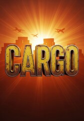 Bold cargo lettering with urban skyline silhouette on transparent