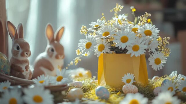 Flowers, bunny decoration on Easter table
