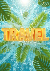 Bright travel text surrounded by tropical leaves on transparent background