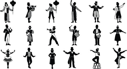 Black vector silhouette set of diverse circus performers including clowns stilt walkers musicians acrobats and dancers for carnival festivals entertainment events and theater branding © MstHanufa