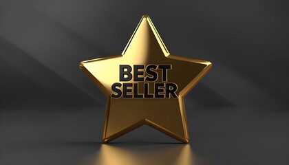 A shiny gold best seller star on a dark background with spotlight