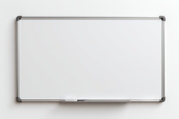 Stylish photo of Blank whiteboard with silver frame and marker tray isolated on white background