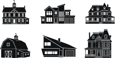 Black vector silhouette set of diverse residential houses including modern villas traditional manors suburban homes and a barn for real estate and architectural branding © MstHanufa