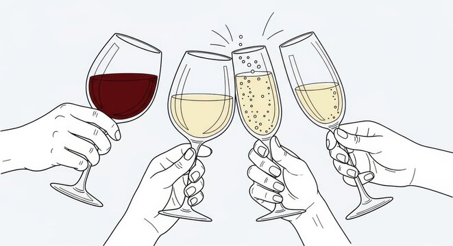 Hands toasting with wine and champagne glasses celebration and holiday spirit illustration