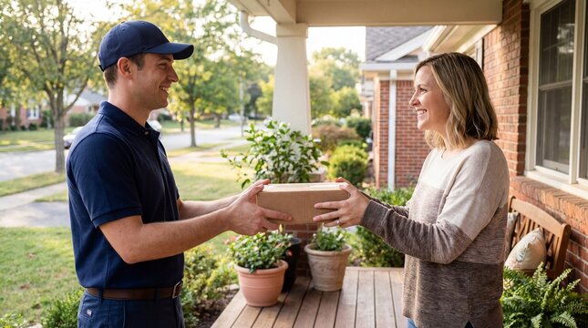 Smiling delivery man in a blue uniform handing a package to a happy woman on her front porch, with potted plants and a brick house in the background on a sunny day.