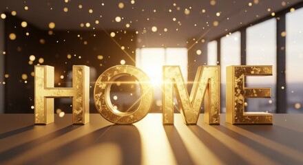 Golden home letters with warm glowing lights on transparent background