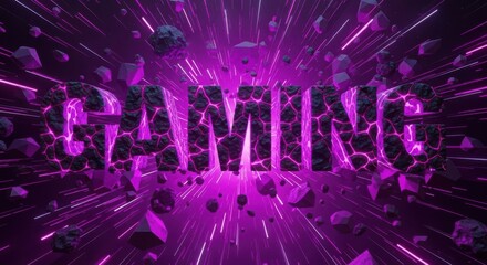 Dynamic 3d gaming text exploding with vibrant purple energy
