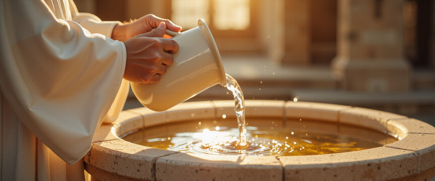Priest pouring water from a pitcher into a stone baptismal font during Easter Religious Service  