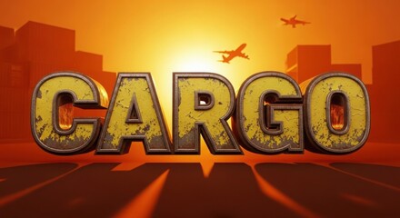 Bold cargo text with grunge effect and sunset backdrop on transparent