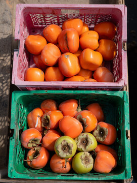 Kisten mit frischen Kakis auf dem Markt &ndash; saisonales Obstmotiv f&uuml;r Ernte, Ern&auml;hrung, Regionalit&auml;t und gesunde Lebensmittel im nat&uuml;rlichen Umfeld.