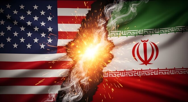 Usa and iran flags with explosive division